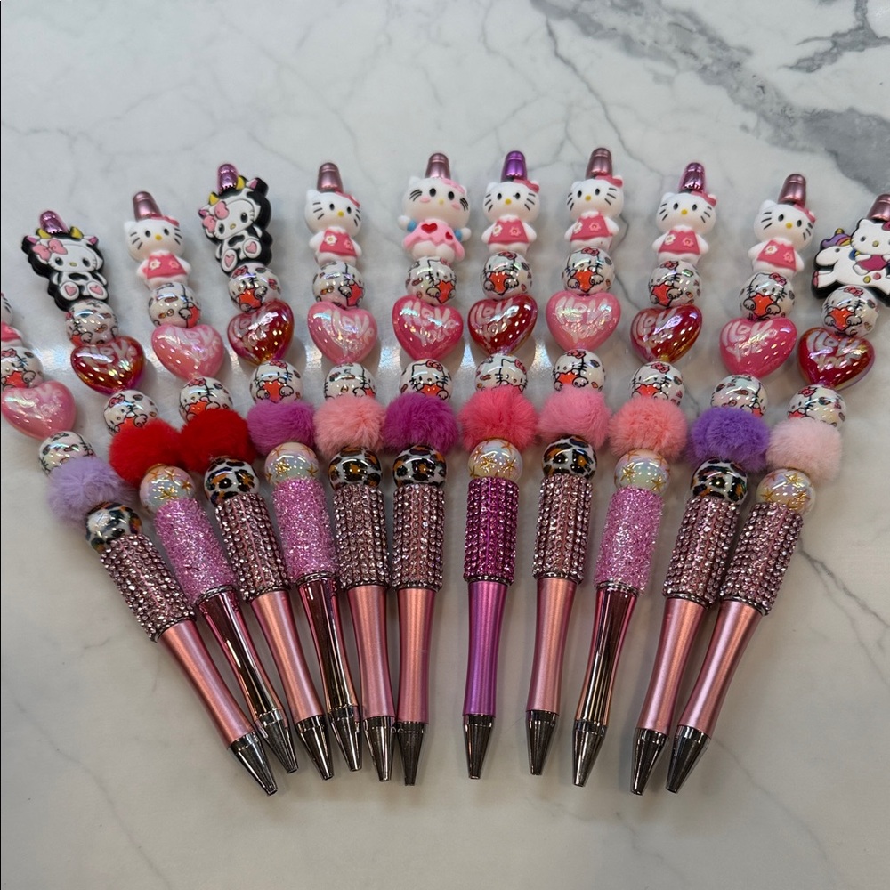 Hello Kitty Sparkling Pink Beaded Ballpoint Pens - Hello Kitty Style